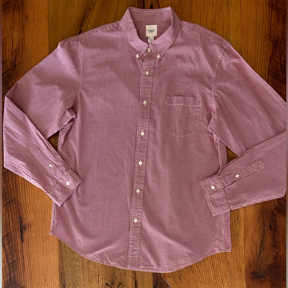 Lands’ End Canvas Red & White Checked 100% Cotton Button Down Shirt, Size Large